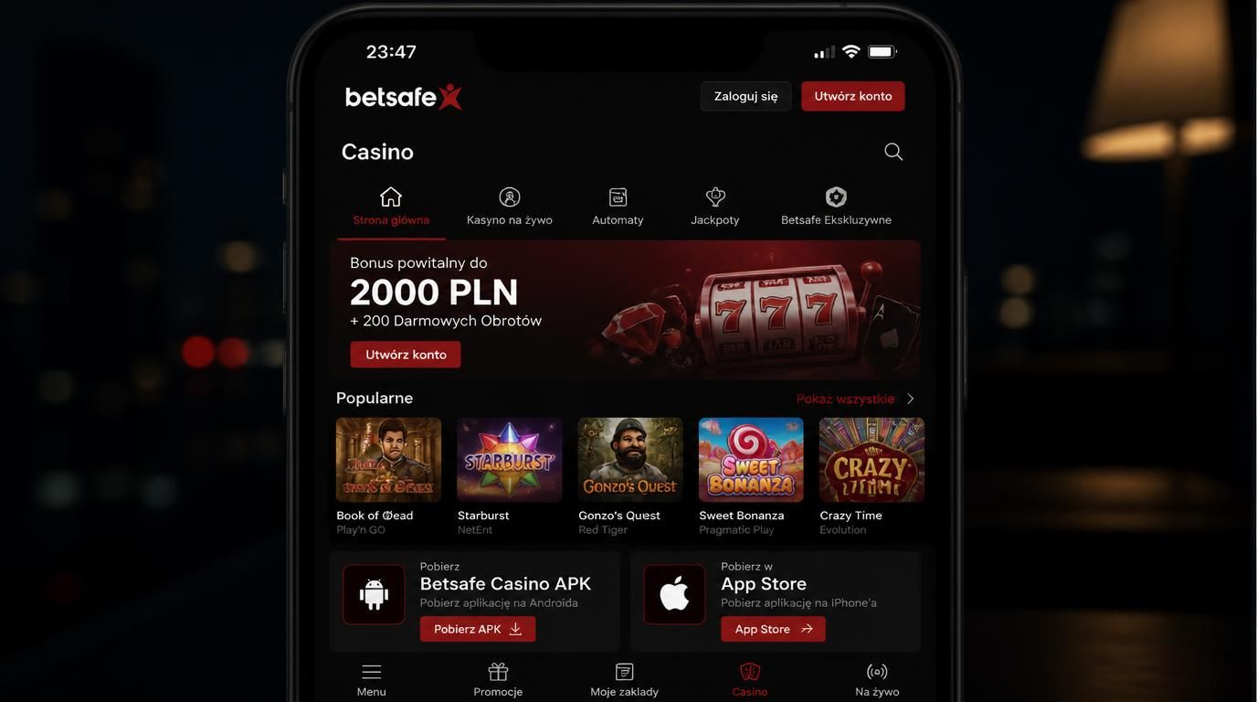 Telefon w ciemnym otoczeniu z aplikacją Betsafe Casino, instalacją APK i opcją iOS