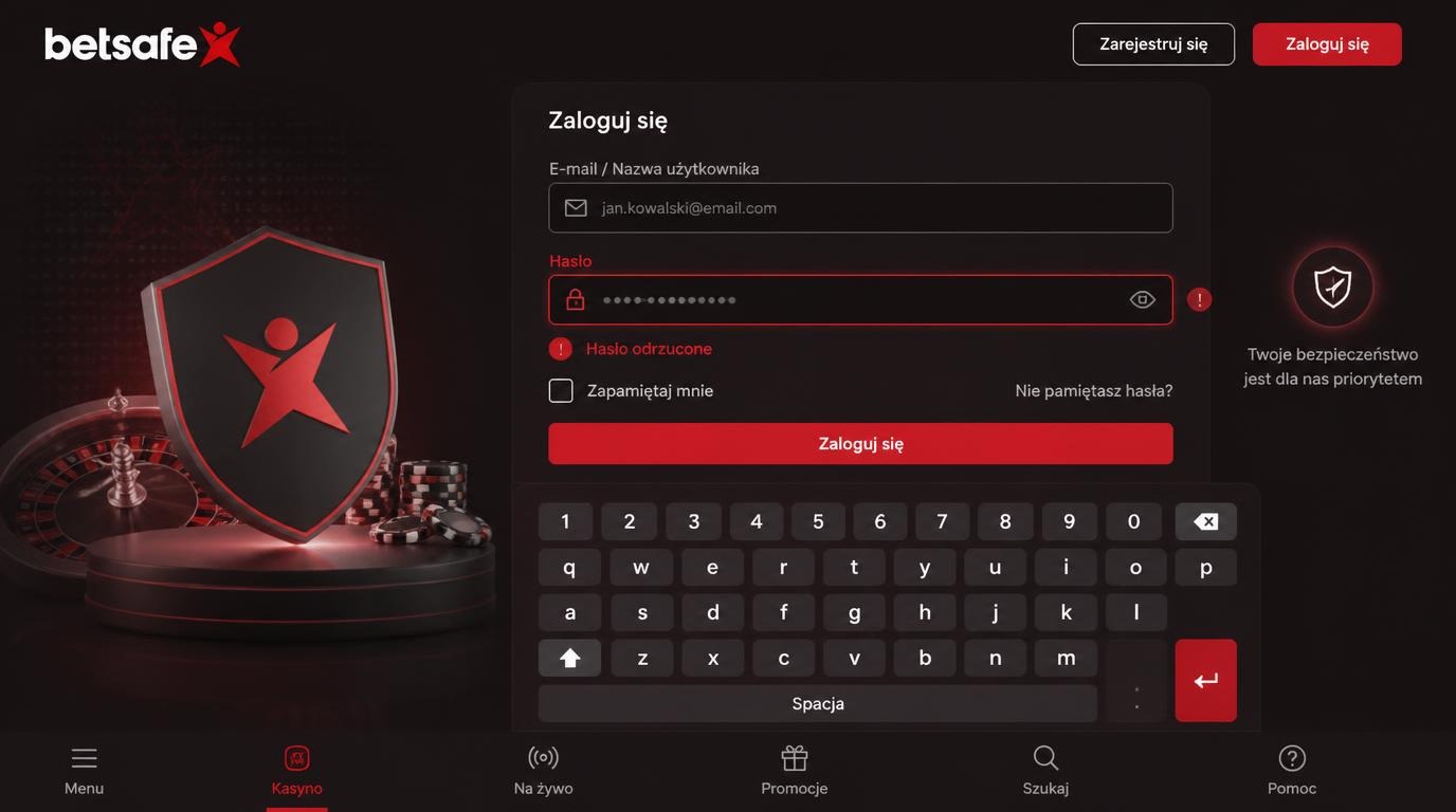 Formularz logowania z podświetlonym komunikatem „Hasło odrzucone”, elementy zabezpieczeń, pasek hasła