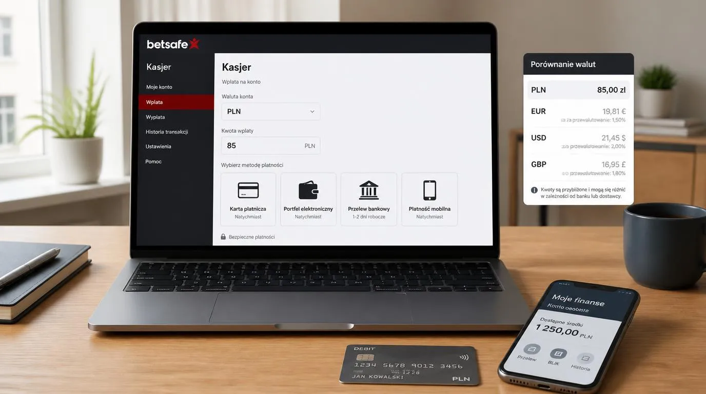 Ekran kasy kasyna z kontem w PLN, kartą płatniczą, portfelem internetowym i opcją przelewu