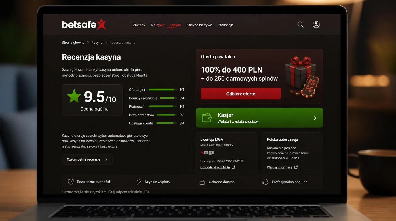 Ekran kasyna z oceną 9,5/10, ofertą powitalną i przyciskiem przejścia do kasy